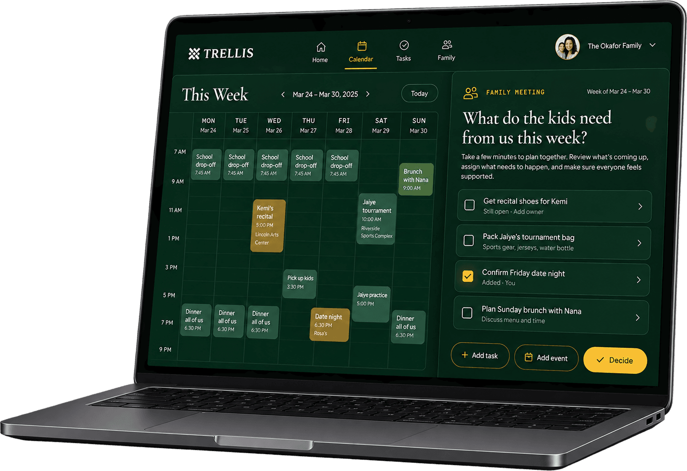 Trellis on a laptop: the week laid out day by day beside the Family Meeting, asking what the kids need from us this week