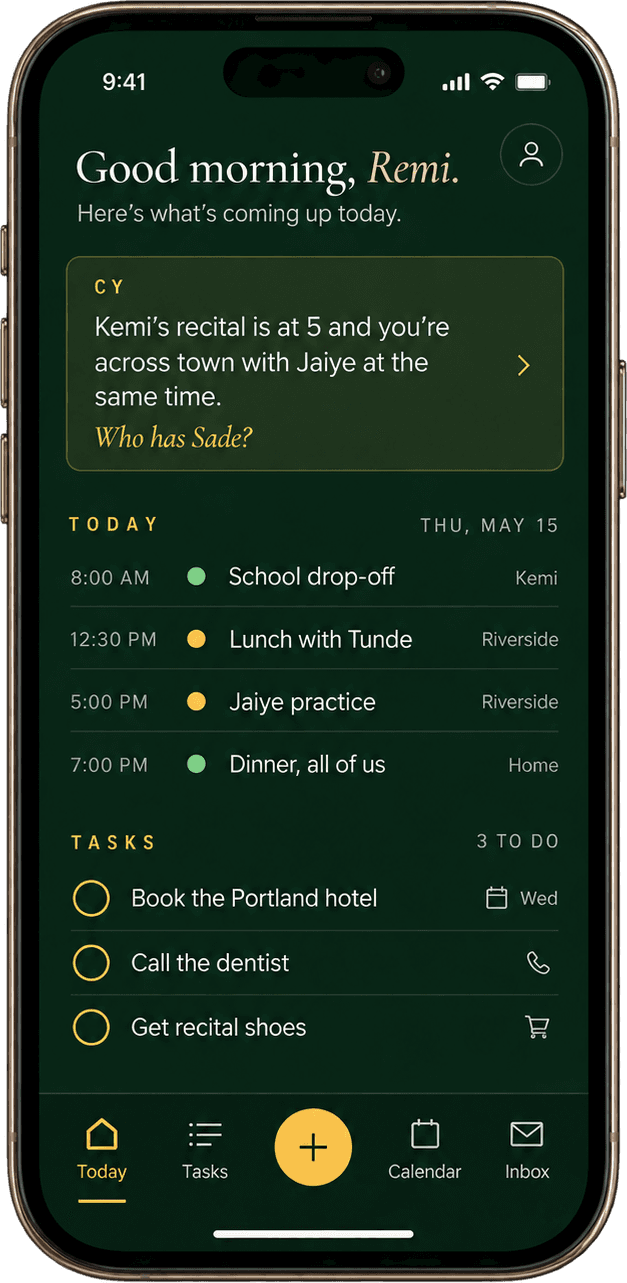 Trellis on a phone: Cy's note about Thursday, today's schedule, and three open tasks